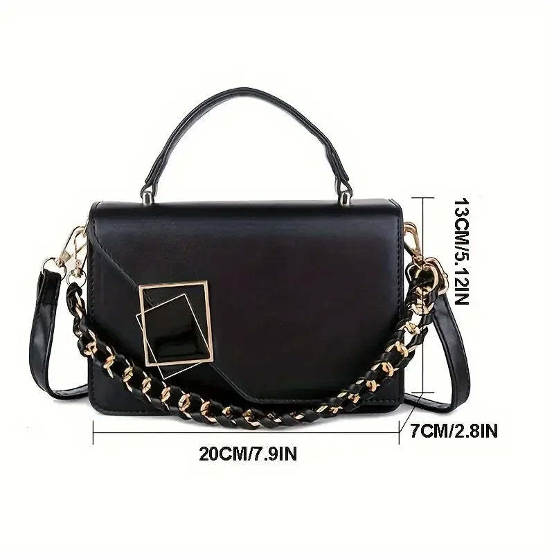 Women Small Square Handbag PU Leather Chain Shoulder Crossbody Bag Geometric Metal Lock Flap Top‑Handle Purse For Daily Work Shopping