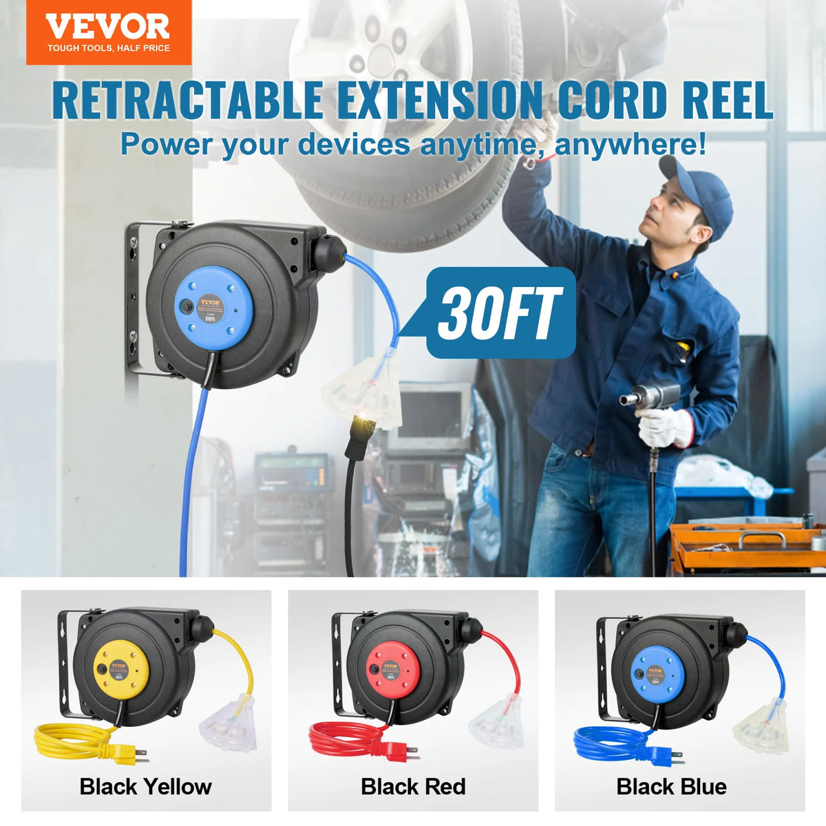 SucceBuy Automatic Retractable Extension Cord Reel With Triple Tap Outlet