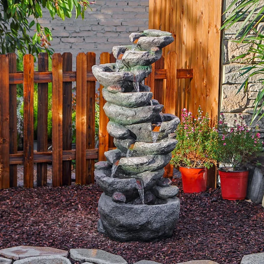 10-Tier Cascading Rock Water Fountain Outdoor Garden Waterfall Fountains Patio Backyard Deck Porch Pond Art Decor, Customized