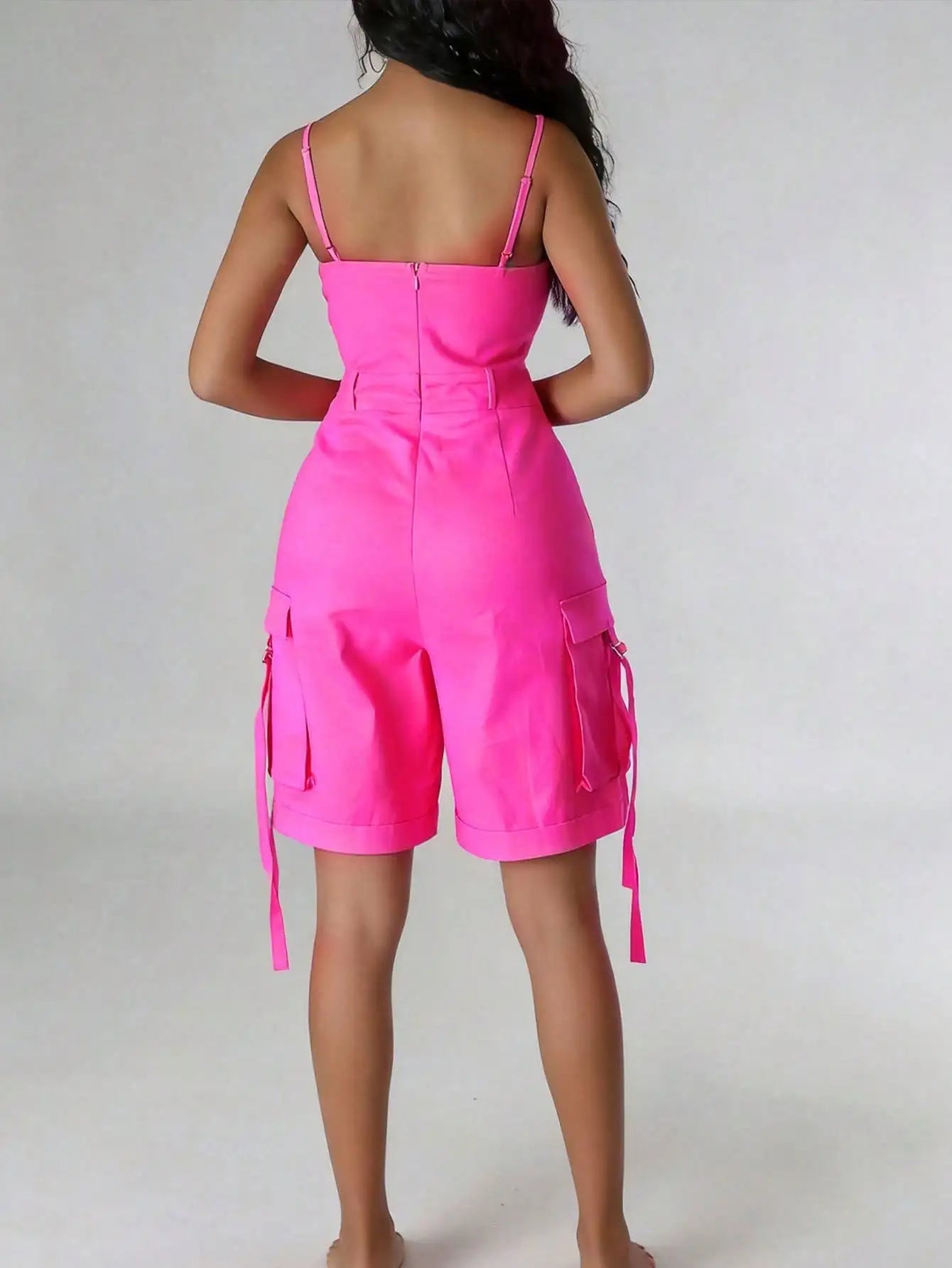 Women Spaghetti Strap Cargo Romper High Waist Knee Length Jumpsuit