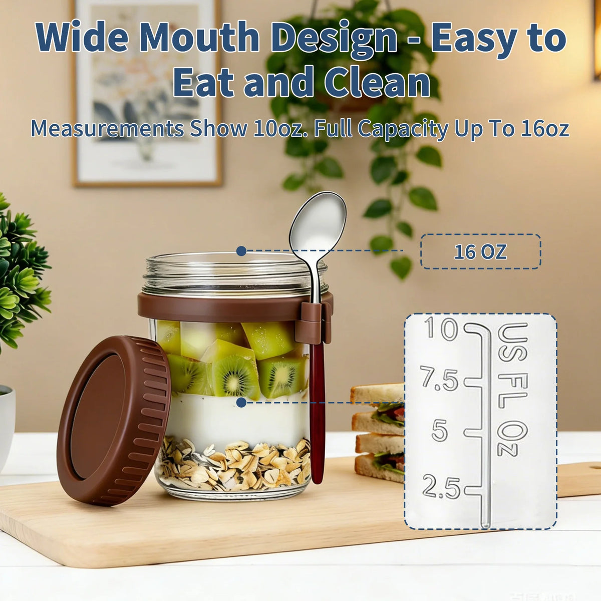 16oz Overnight Oats Jars with Lid and Spoon, Leak Proof Glass Breakfast Cup with Measurement, Portable Yogurt Cereal Container for Travel Office