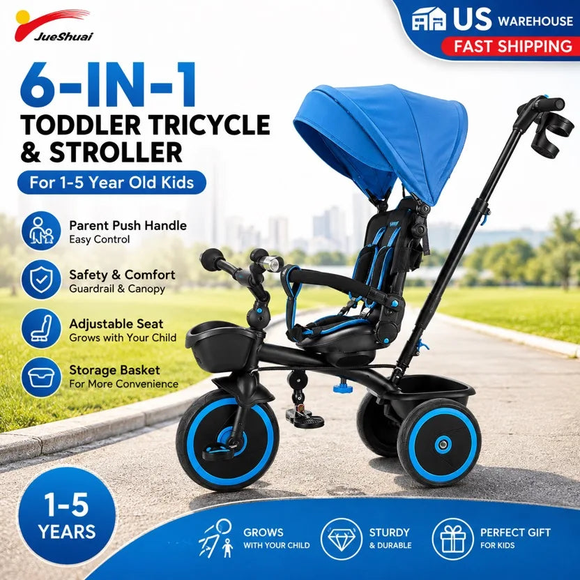 Toddler Tricycle & Stroller for 1-5 Year Old, 6-in-1 Kids Trike with Parent Push Handle, Canopy, Adjustable Seat and Storage, Tricycle for Toddlers, Birthday Toy for Boys and Girls, Blue/Black