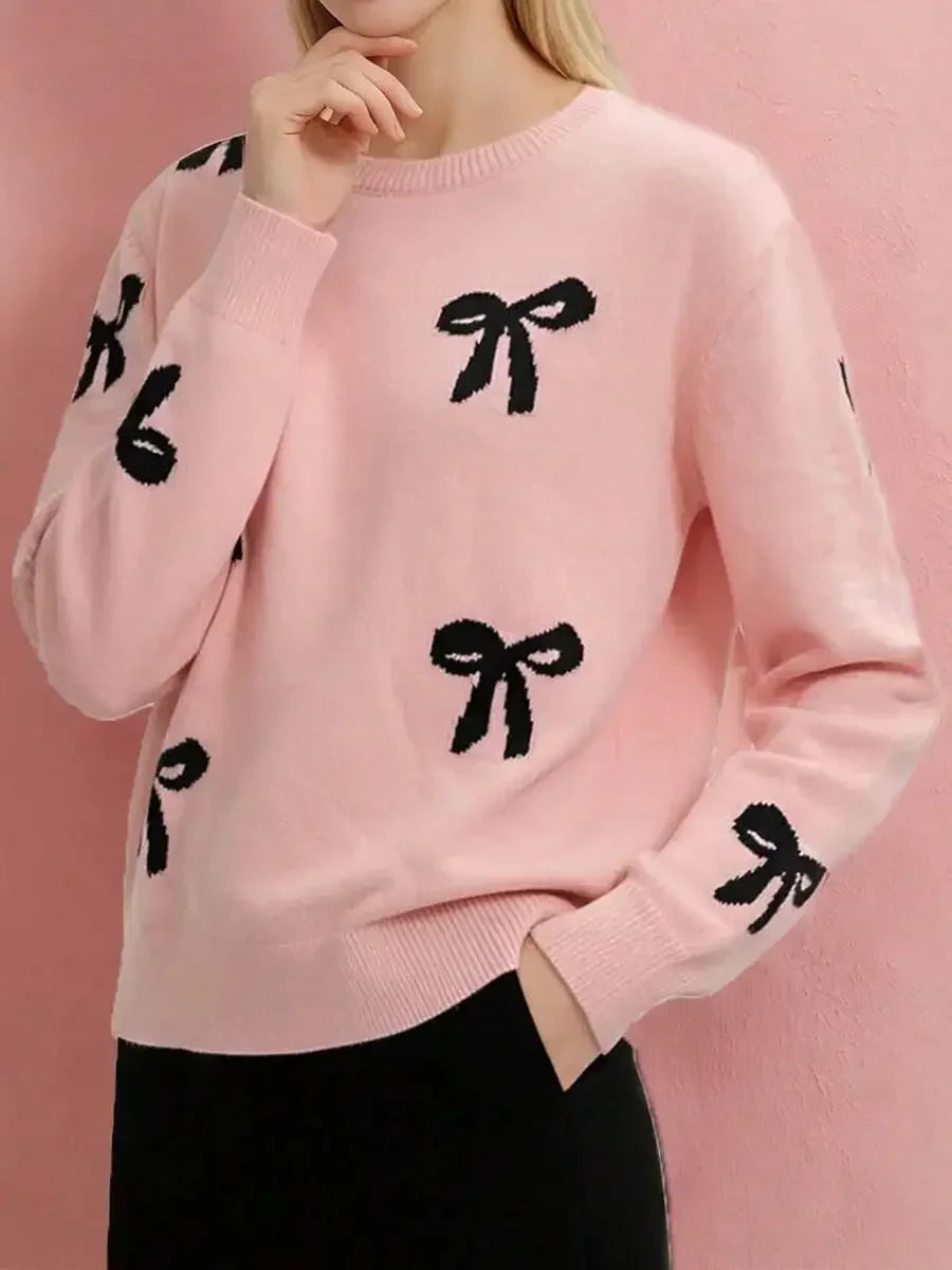 Womens Knit Sweater Long Sleeve Round Neck Bow Decorated Loose Fit Pullover