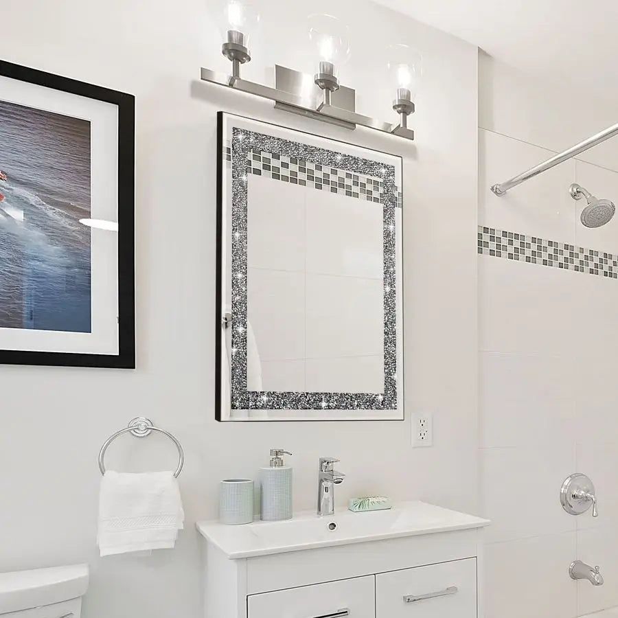 Rectangular Wall Mirror With Crystal Diamond Accents For Bathroom