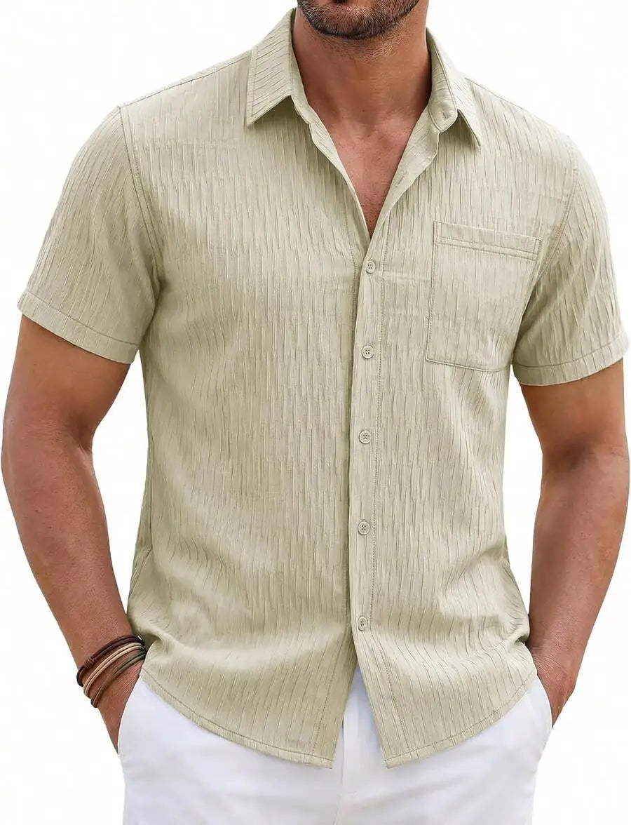 Mens Short Sleeve Button Down Shirt Textured Casual Summer Beach Top With Chest Pocket