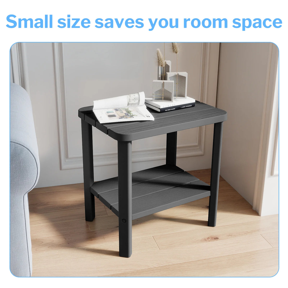2-Tier Plastic Outdoor Side Table Weather Resistant Patio End Table, Multifunctional Backyard Pool Side Storage Table