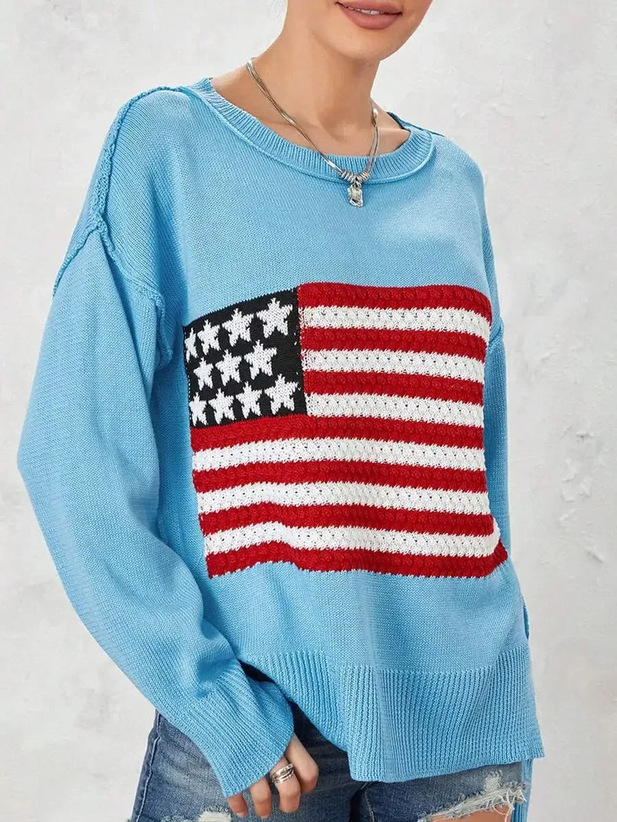 Women American Flag Knit Sweater Long Sleeve Loose Pullover Casual Streetwear Y2k Vintage