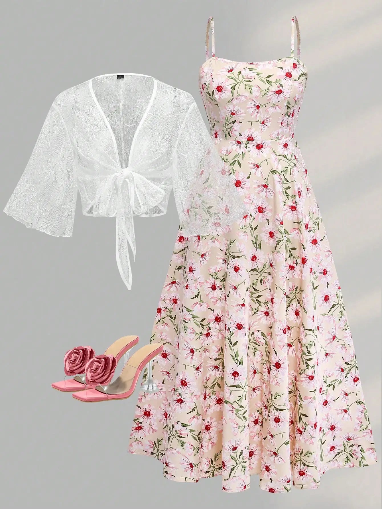 2 Pieces Women's Floral Chiffon Dress Elegant Romantic Date Outfit Spring Summer