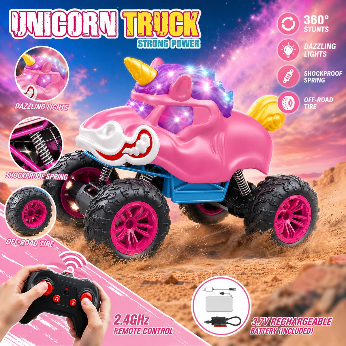 Unicorn RC Monster Truck 2.4GHz Remote Control Stunt Car with LED Lights Music 360° Rotation Off Road Vehicle Kids Birthday Gift