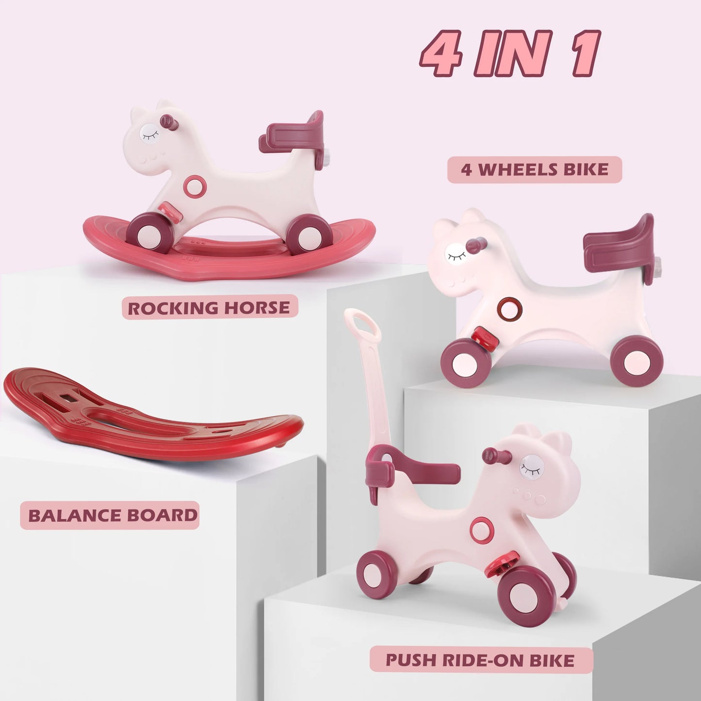 Toddler Rocking Horse Ride‑On Toy, Convertible Baby Rocker & Sliding Car with Backrest, Safe Indoor Play Gift for 1‑3Y Kids Boys Girls