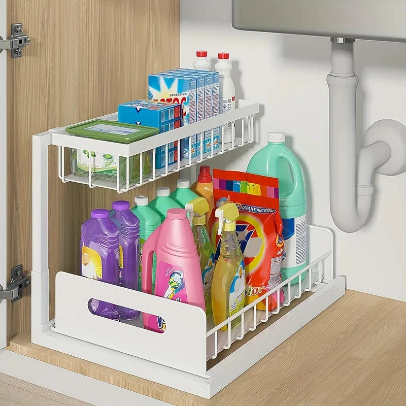 2-Tier Sliding Under Sink Organizer Rustproof Metal Storage for Kitchen
