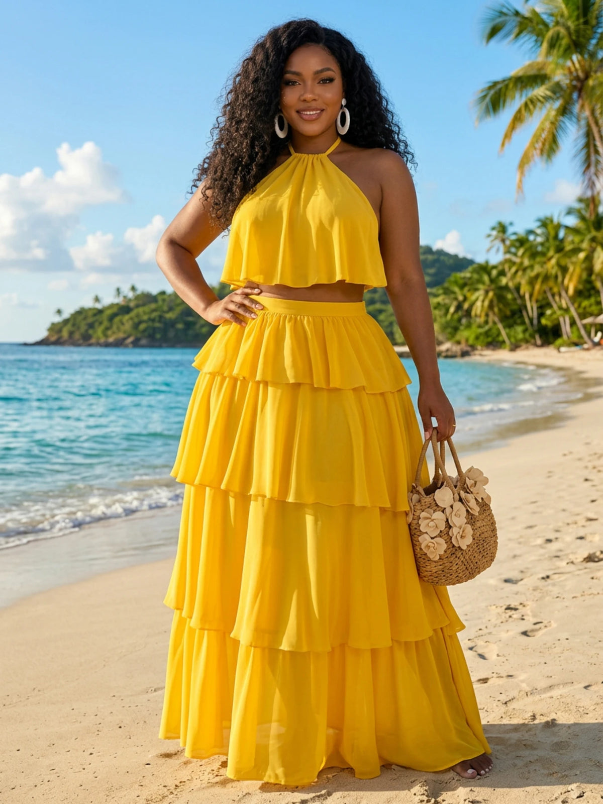 Women Plus Size Halter Neck Ruffle Crop Top + High Waist Tiered Long Skirt Set Elegant Layered Detail Outfit For Beach Vacation Party Occasion