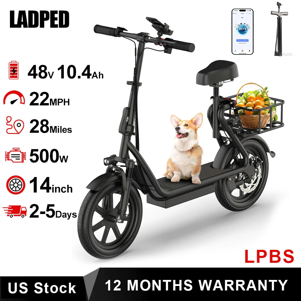 LADPED LPBS 500W 14inch Electric Bicycle 10.4AH Battery 28Miles Max Range 21MPH Max Speed Shock Absorption Foldable Adult Ebike