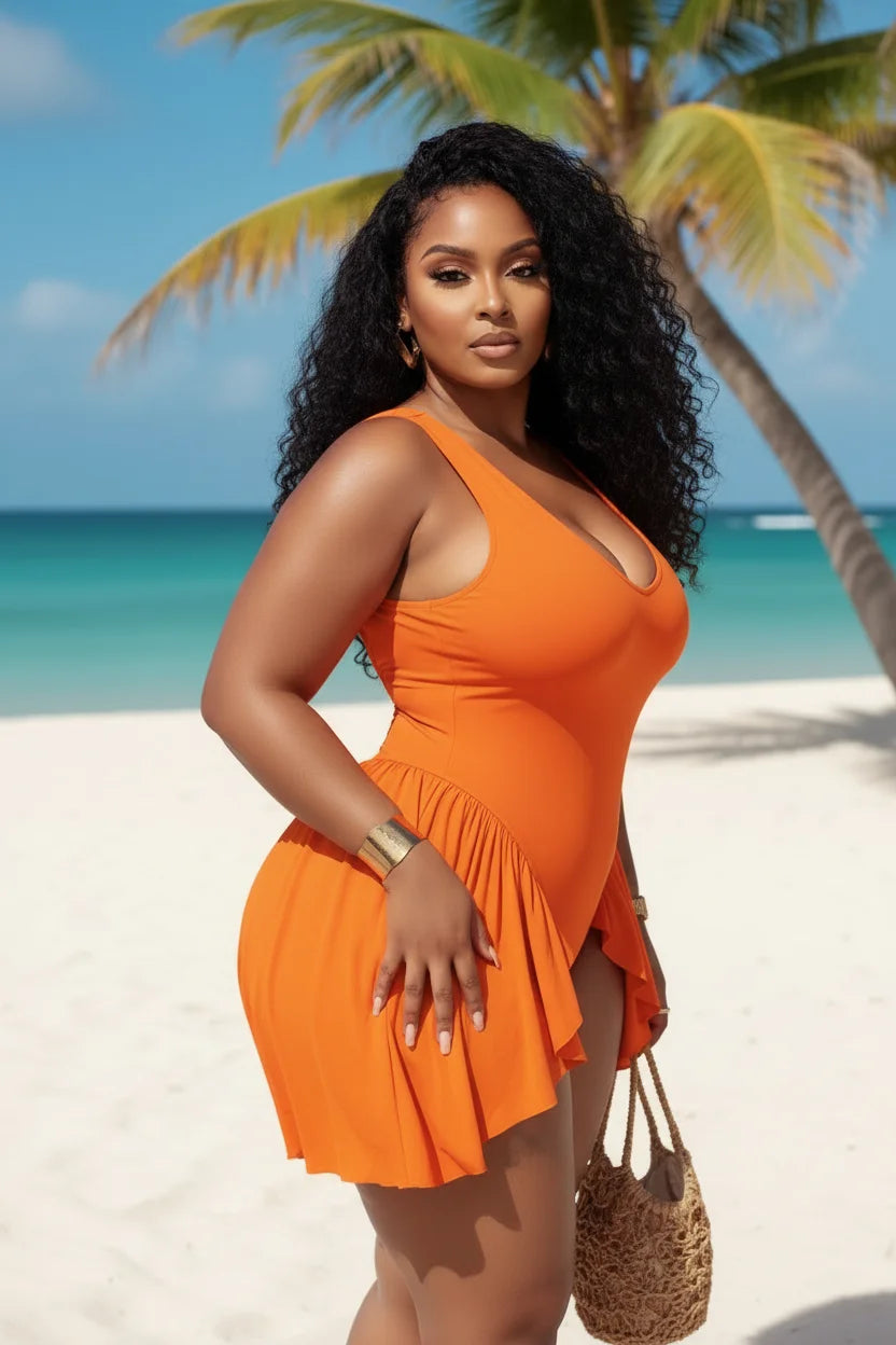 Women Plus Size V Neck Ruffle Skirt One Piece Swimsuit Elegant Ruched Beach Swimwear For Summer Vacation Pool Party