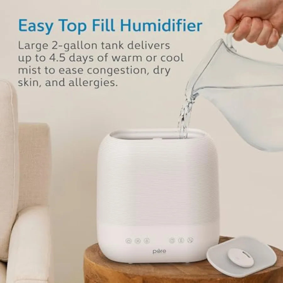 Home use humidifier, ABS plastic, white, top-fill design with warm cool mist, 2-gal tank, up to 4.5 days runtime, auto humidity