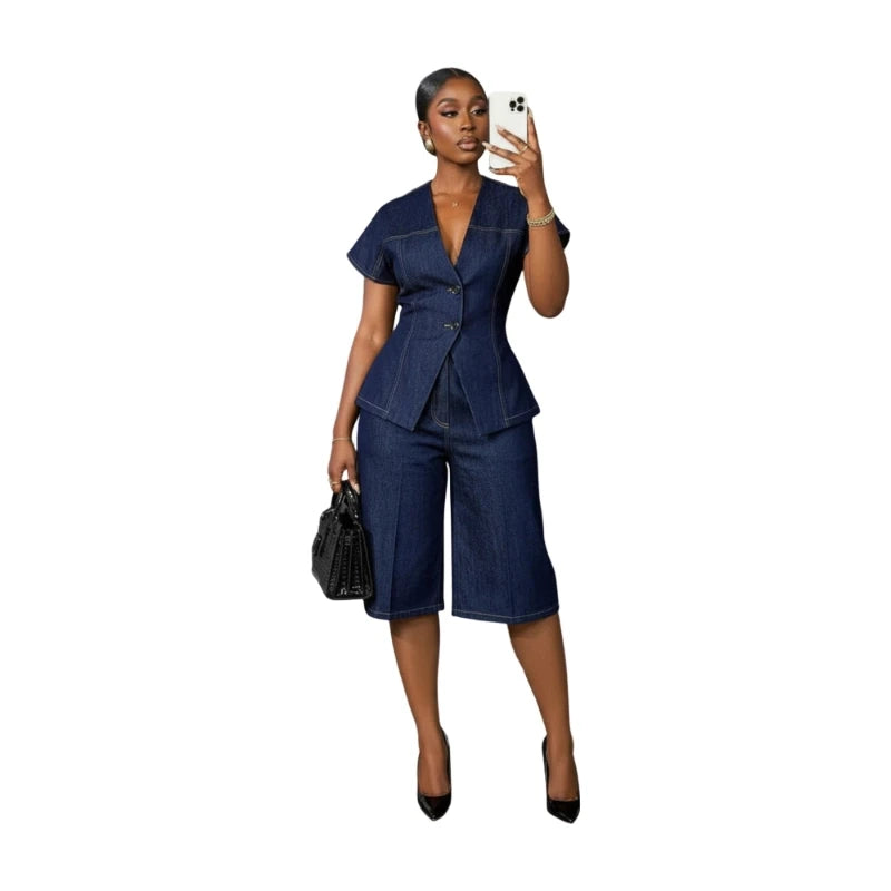 Women V Neck Short Sleeve Blazer + High Waist Capri Pants Set Button Front Tailored For Formal Business Party Occasion