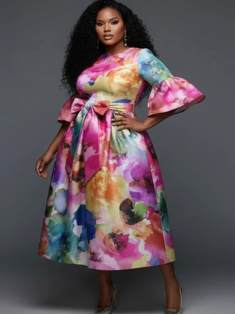Plus Size Round Neck Flare Sleeve Bow Waist Midi Dress For Women Formal Party Banquet Wedding Guest A Line Swing Dress