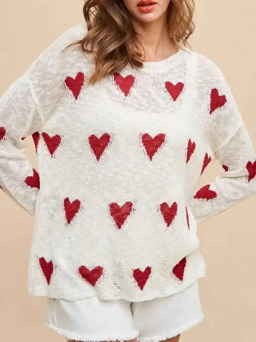 Women Casual Heart Print Ripped Knit Long Sleeve Pullover Sweater For Fall Streetwear