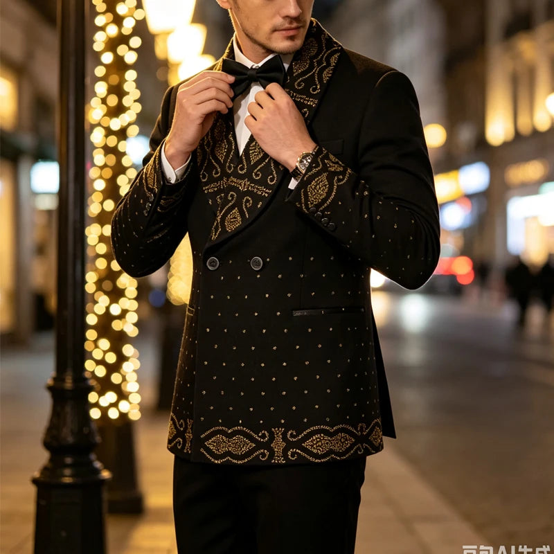 Men's 2‑Piece Tailored Paisley Rhinestone Tuxedo Suit Set‑ Slim Fit Shawl Lapel Long‑Sleeve Suit Jacket & Pants, Formal Outfit for Weddings & Parties