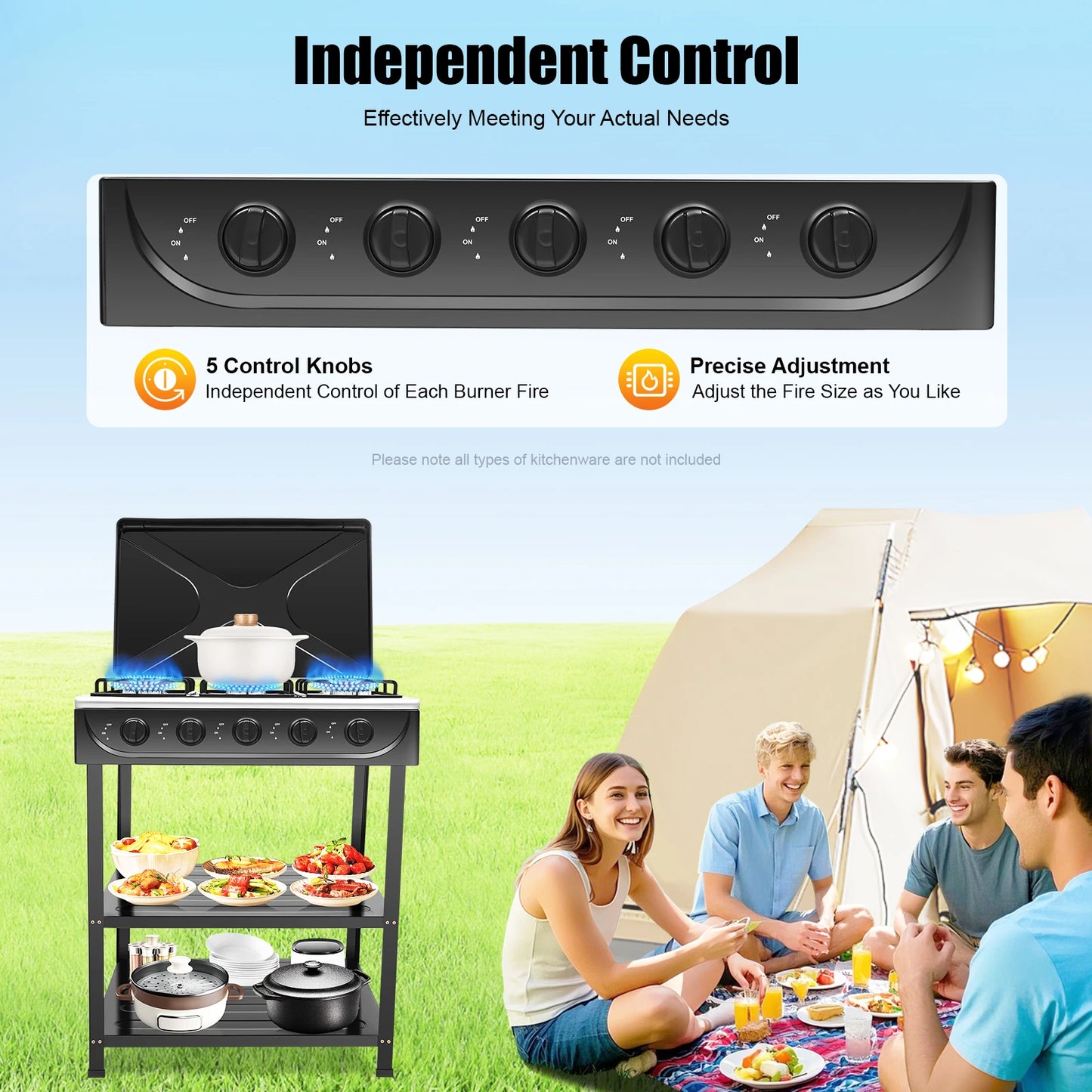 Outdoor 5 Burner Gas Stove With Manual Ignition And Boards