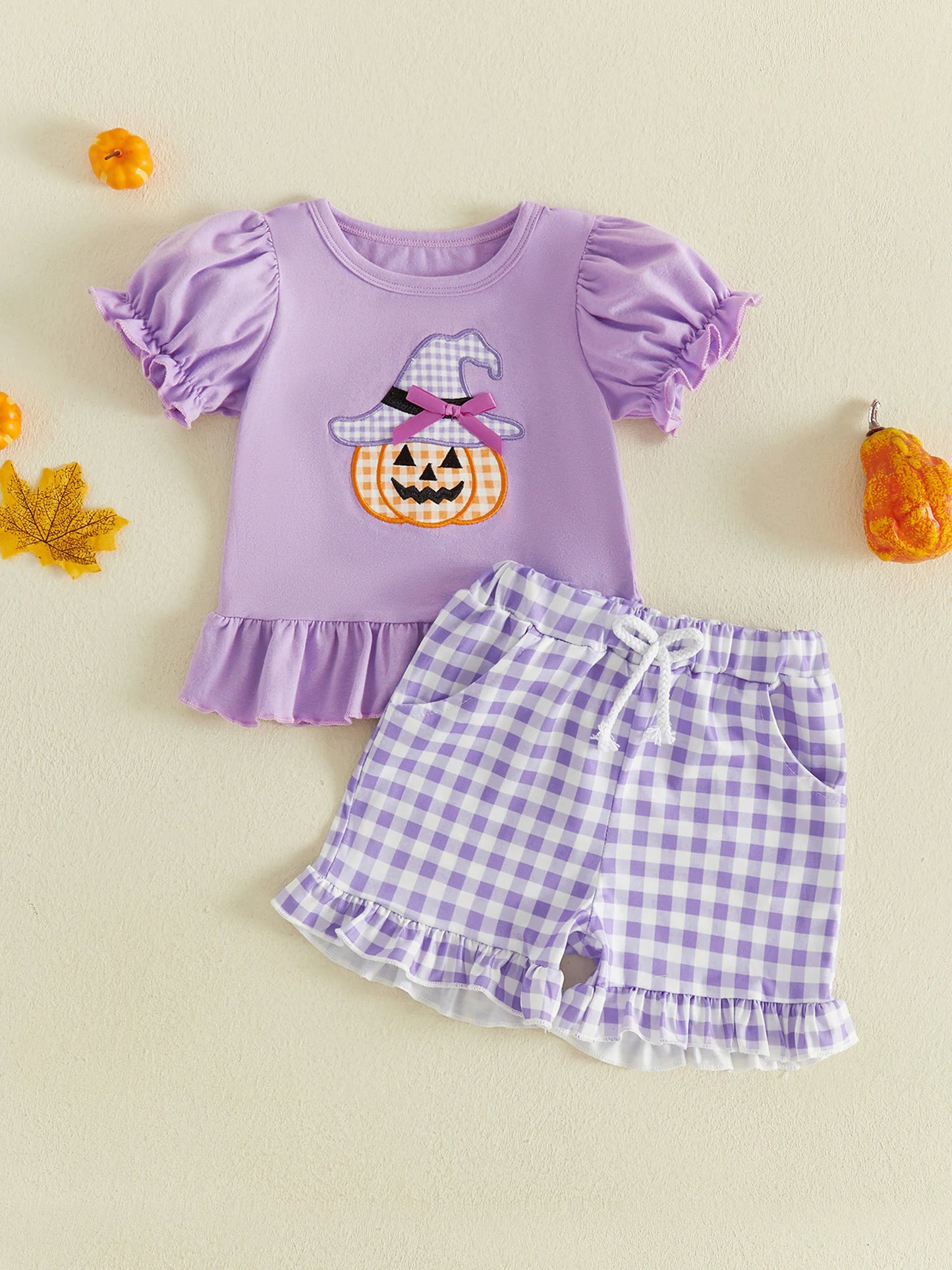 Halloween Pumpkin Embroidered Toddler Girl Top Set