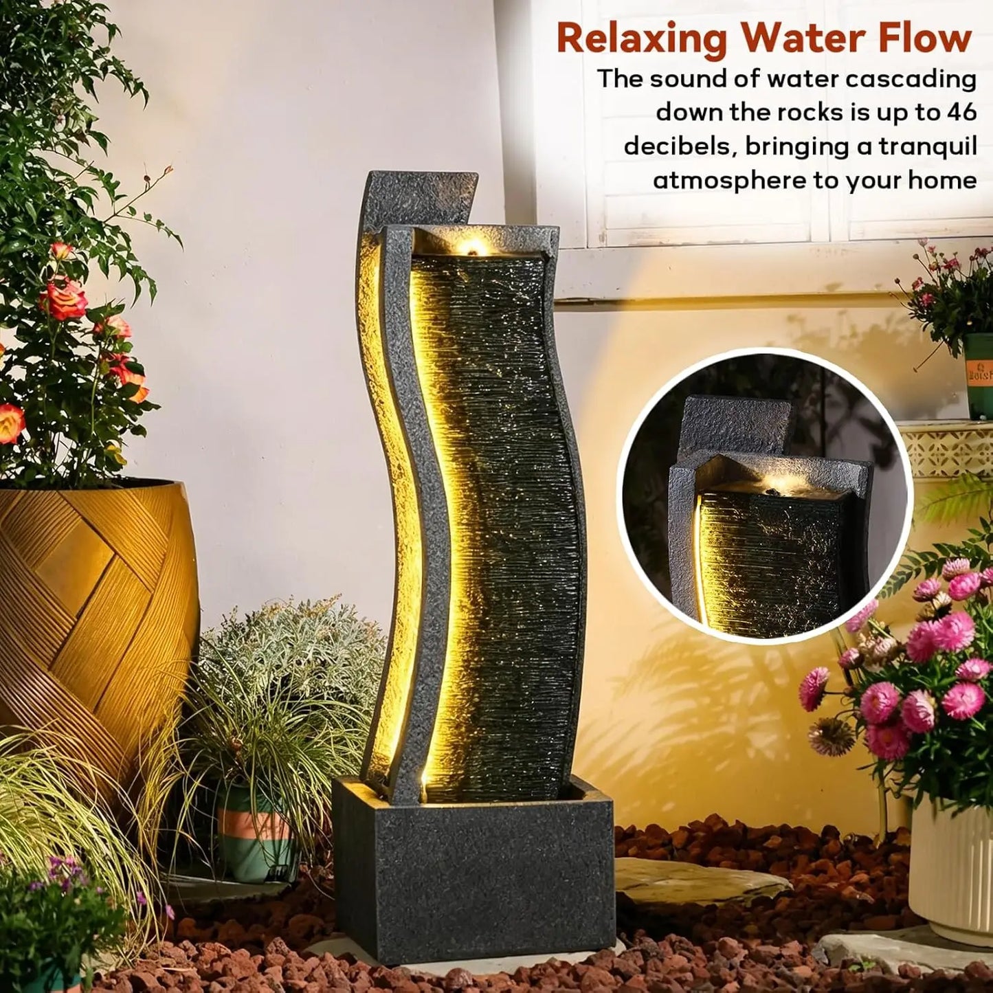 43H Modern Outdoor Water Fountain with LED Light Garden Cascading Curved Waterfall Feature for Indoor or Outdoor, Customized