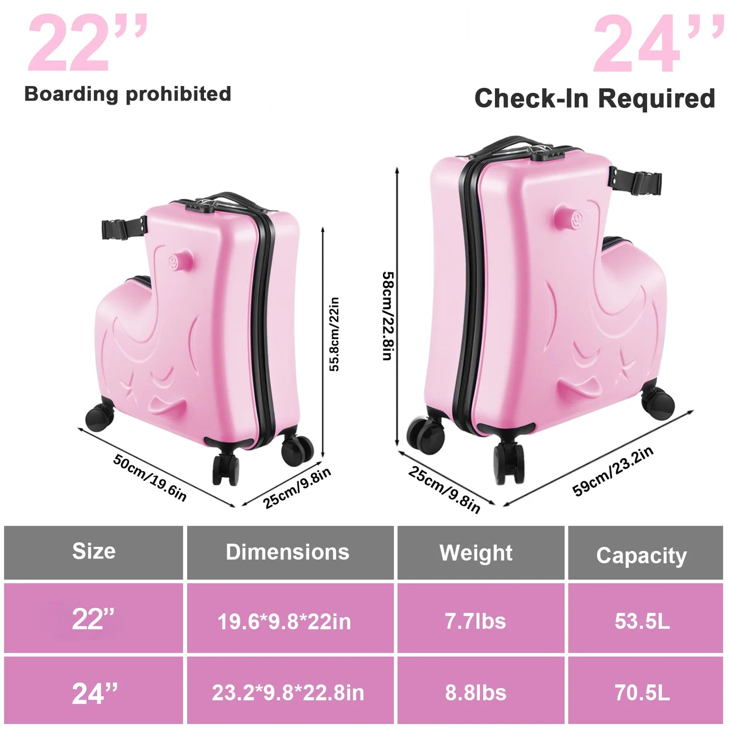 22Inch Kids Ride-On Luggage, 55.8x50x25cm Carry-On Suitcase with Upgraded Matte Finish, Children‘S Travel Suitcase with Adjustable Safety Belt & Silent 360-Degree Spinner Wheels, Toddler Ride-On Trolley for Airplane Travel
