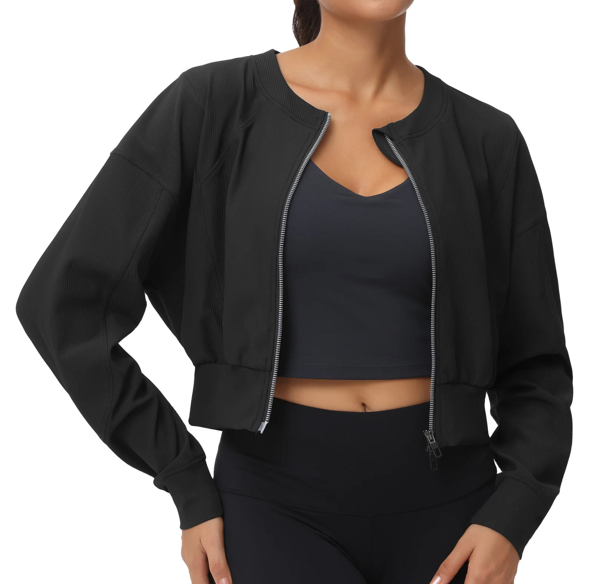THE GYM PEOPLE Women's Cropped Jackets Full Zip Long Sleeve Ribbed Workout Sweatshirts Lightweight Casual Tops