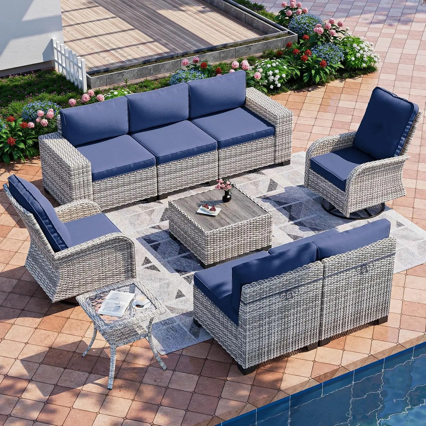 9-Piece Outdoor Patio Furniture Set with Rocking Swivel Chair Wicker Sectional Sofa Set, Patio Conversation Set with, Custom