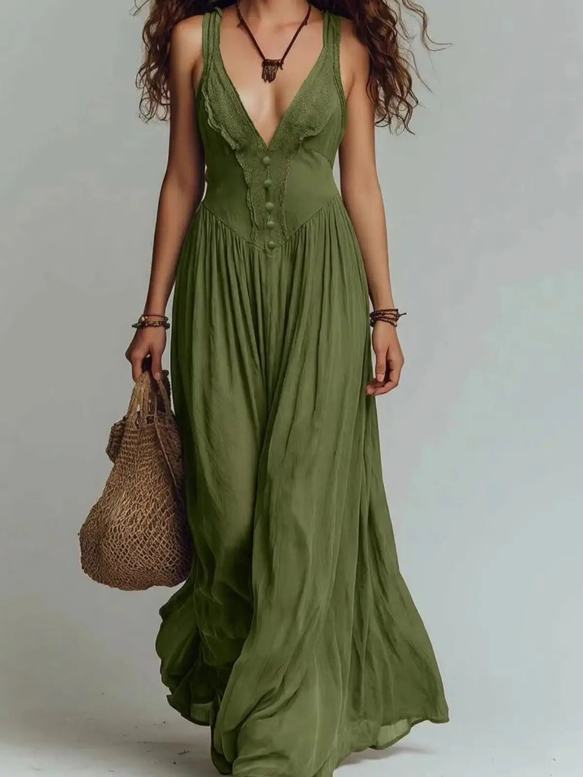 Women Deep V‑Neck Sleeveless Waist Fitted Pleated Long Maxi Dress Vacation Leisure Daily Outfit
