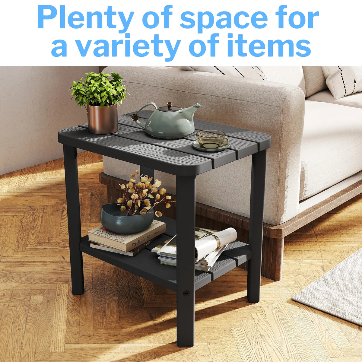 2-Tier Plastic Outdoor Side Table Weather Resistant Patio End Table, Multifunctional Backyard Pool Side Storage Table