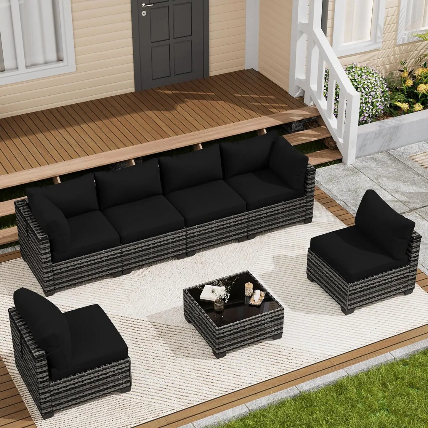 7 Piece Outdoor Patio Furniture Set, Outdoor Sectional Sofa, Wicker Rattan Patio Furniture, Patio Conversation Set with, Custom