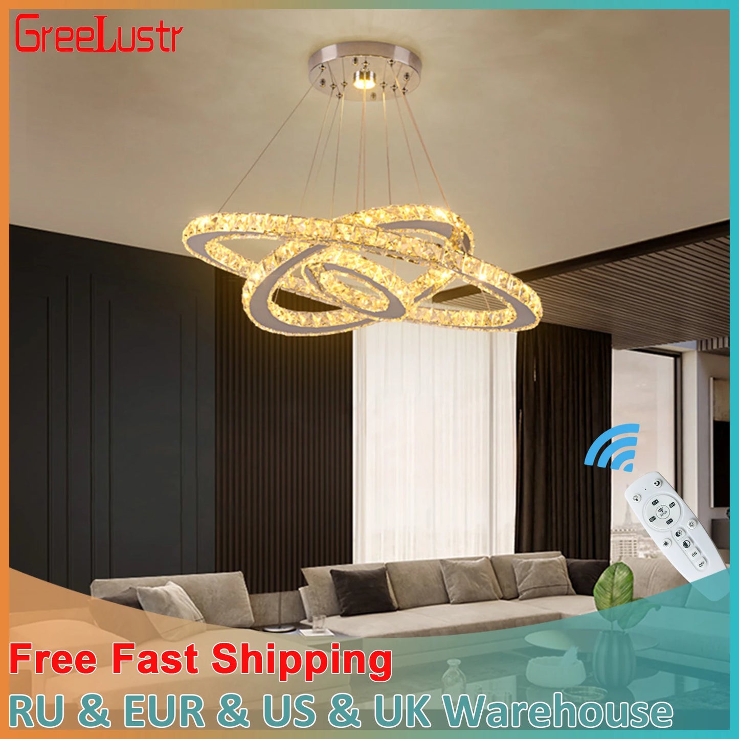 GreeLustr Modern Crystal Led Pendant Light With Dimmable Rings