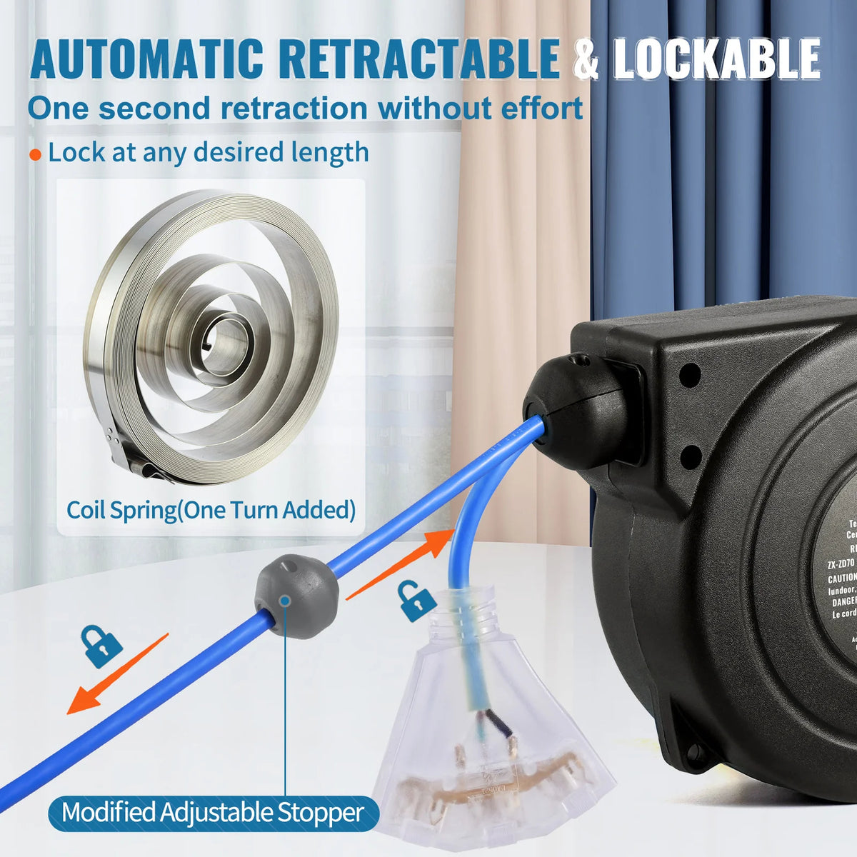 SucceBuy Automatic Retractable Extension Cord Reel With Triple Tap Outlet