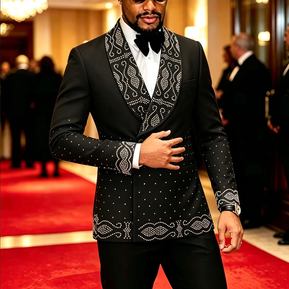 Men Black 2 Pieces Tuxedo Suit Silver Rhinestone Embroidery Shawl Lapel Double Breasted Blazer Pants Set Wedding Groom Prom Party Formal Suit