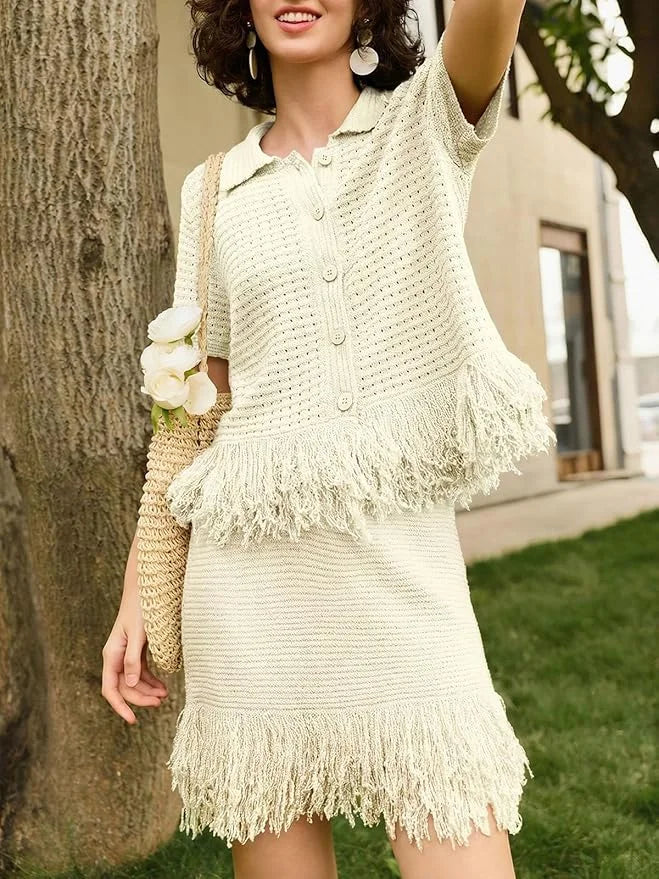 Fisoew Womens 2 Piece Crochet Outfits Short Sleeve Button Knit Sweater Tops Fringe Skirt Summer Vacation Sets Beach Cover Ups