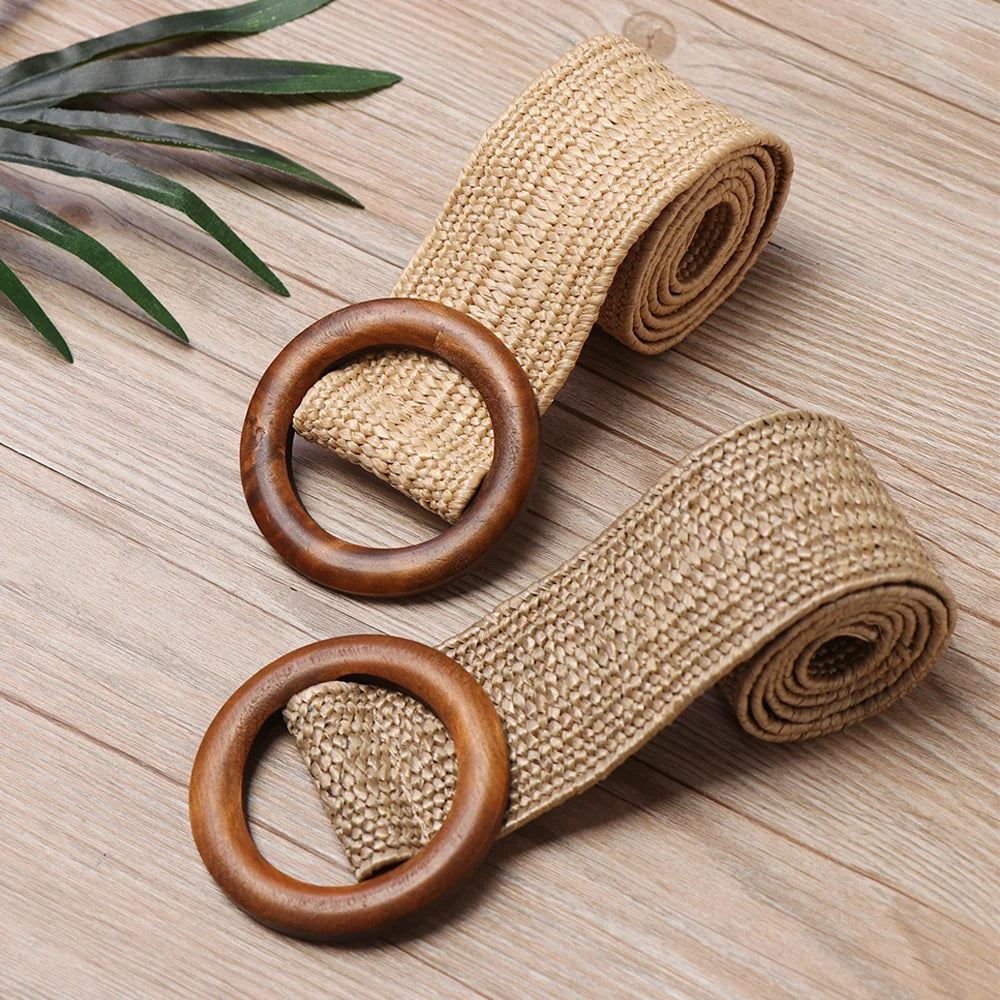 Women Straw Belt With Wooden Buckle And Elastic Waist Chain
