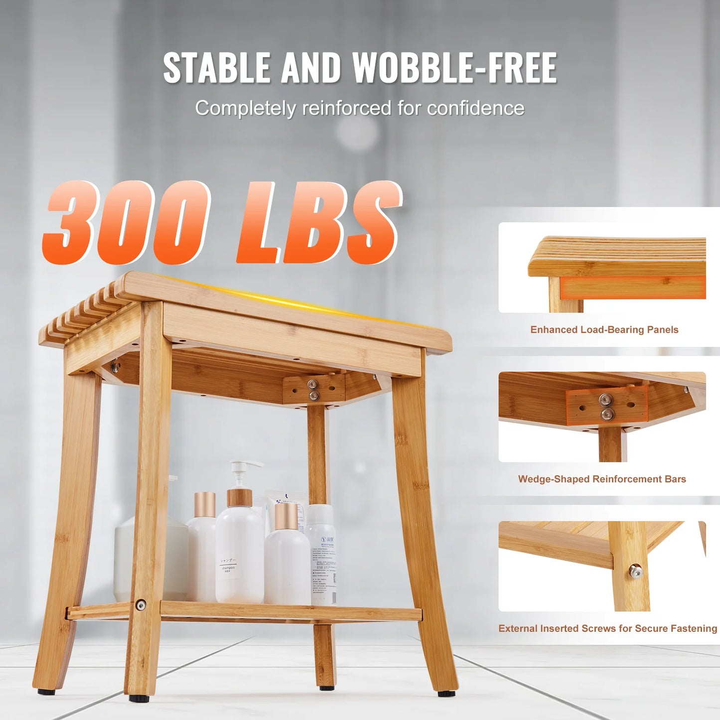 SucceBuy Bamboo Shower Bench With Storage Shelf 330lb Capacity