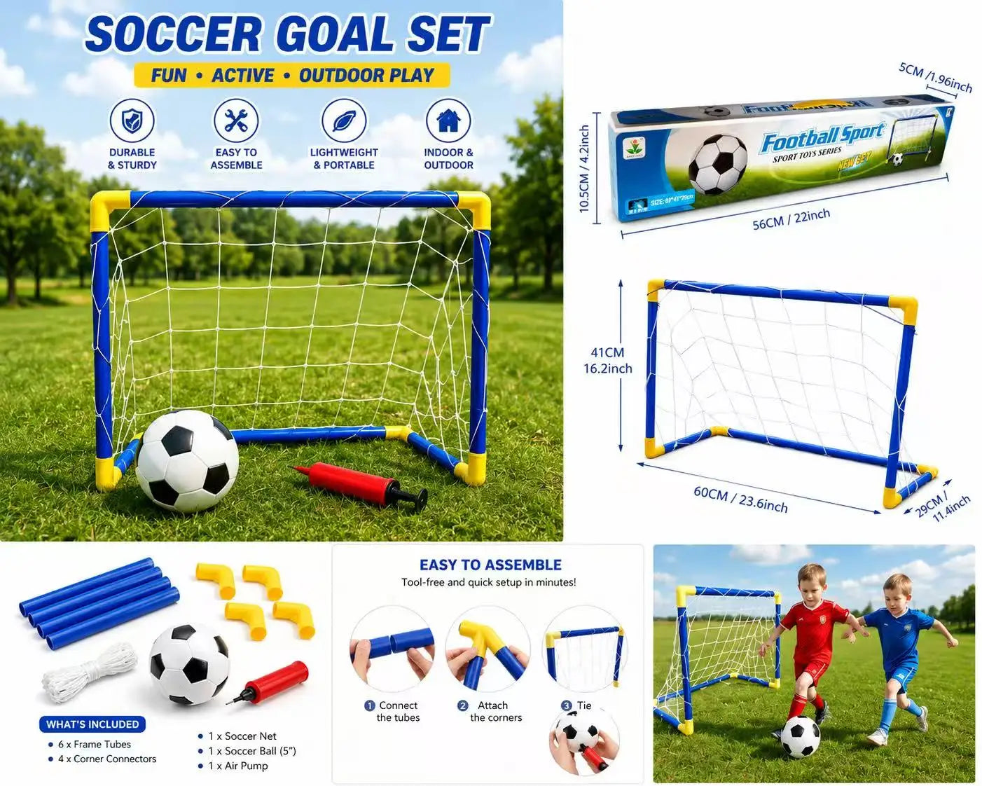 2Pcs Kids Football Goal Net Set Portable Soccer Goals with Ball Pump Indoor Outdoor Sports Game Toy for Children