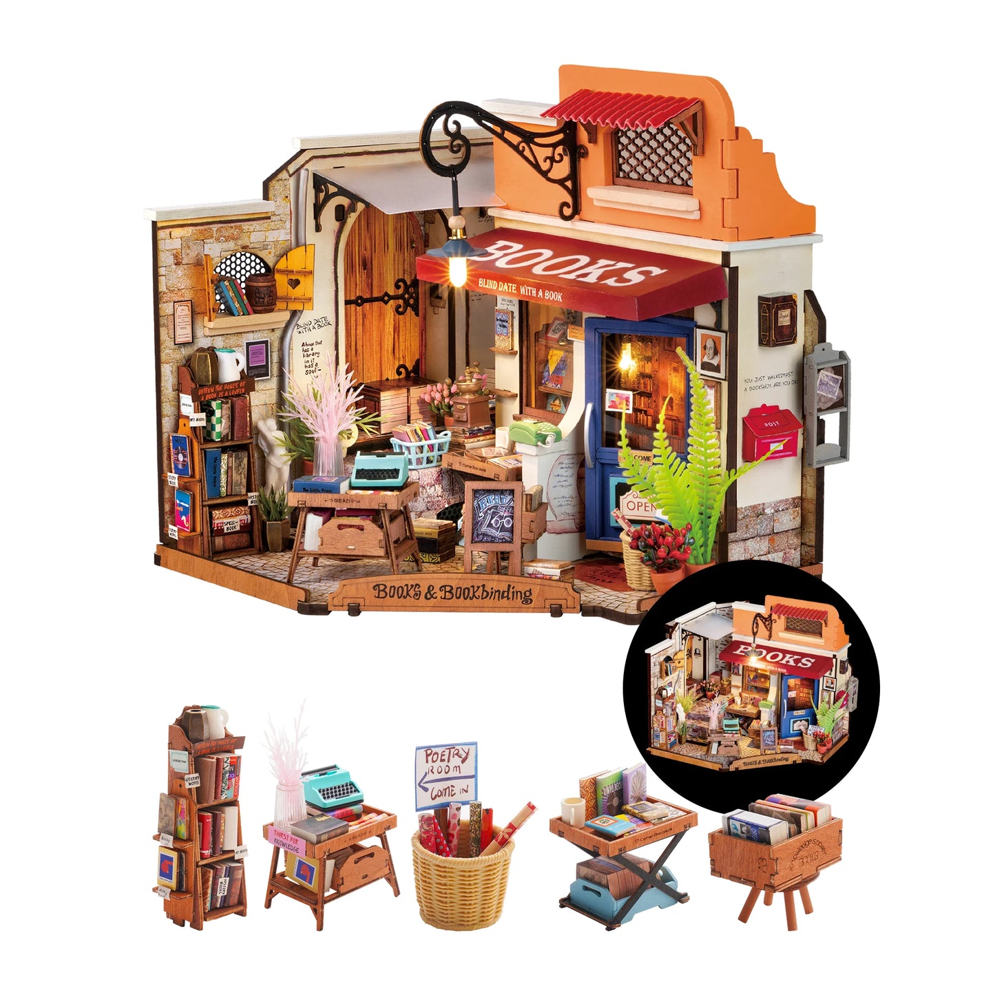 Rolife Wooden Dollhouse 3D Puzzle Toys Corner Bookstore DIY Miniature House Model Building Kit with LED Light for Home Decor Birthday Gift for Adults Friends
