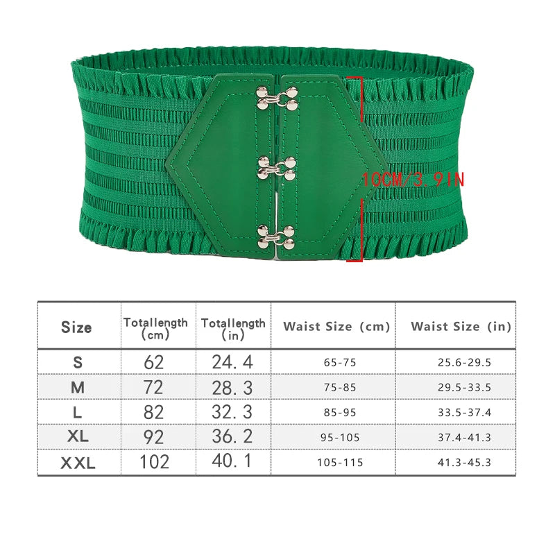 Vibrant Triple Buckle Elastic Waistband Ruffles Wide Belt With Adjustable Strap