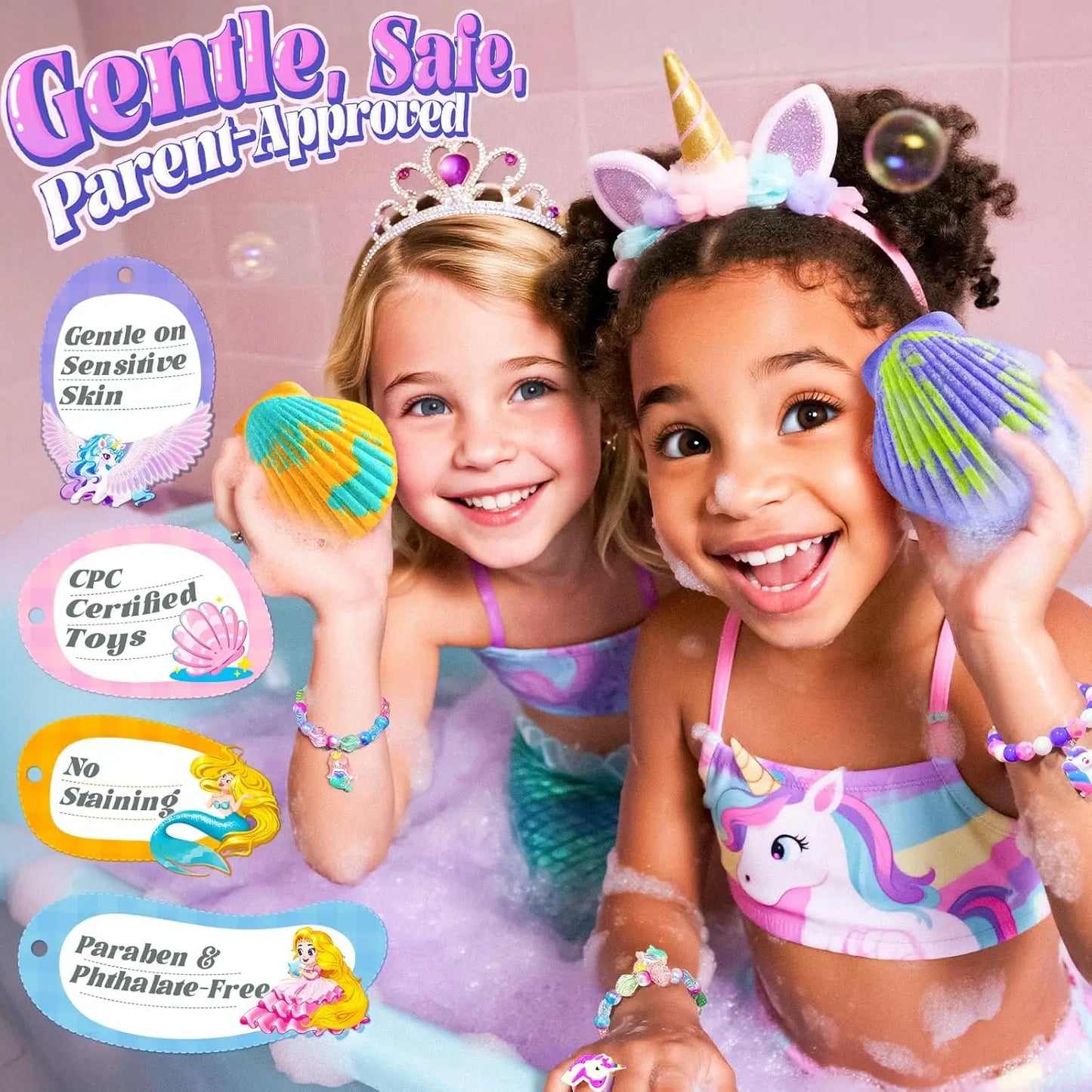 Shell Bath Bombs for Girls – 12 Pack with 20 Surprise Toys, 6 Fruity Scents, Mermaid & Unicorn Themes, Gift for Kids