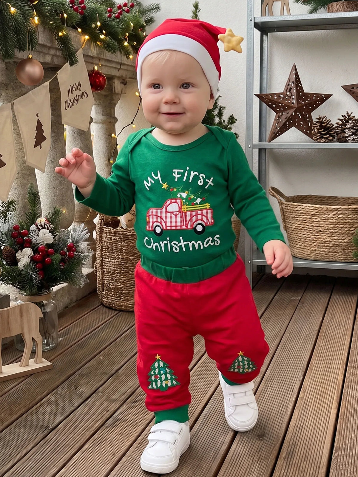 Neck Long Outfit Romper Pants Crew Sleeve Romper Hat 3 3 Pcs Set Crew Neck Top Rated Baby Christmas Outfit