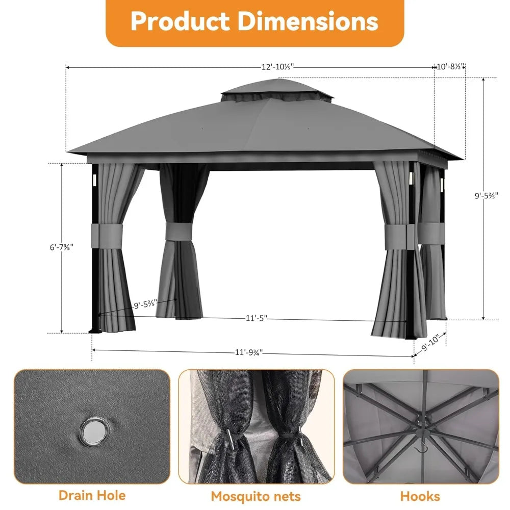 11x13 Outdoor Patio Gazebo with LED Lights & Bluetooth Speaker Double Roof Metal Frame Netting Curtains Backyard Canopy, Custom
