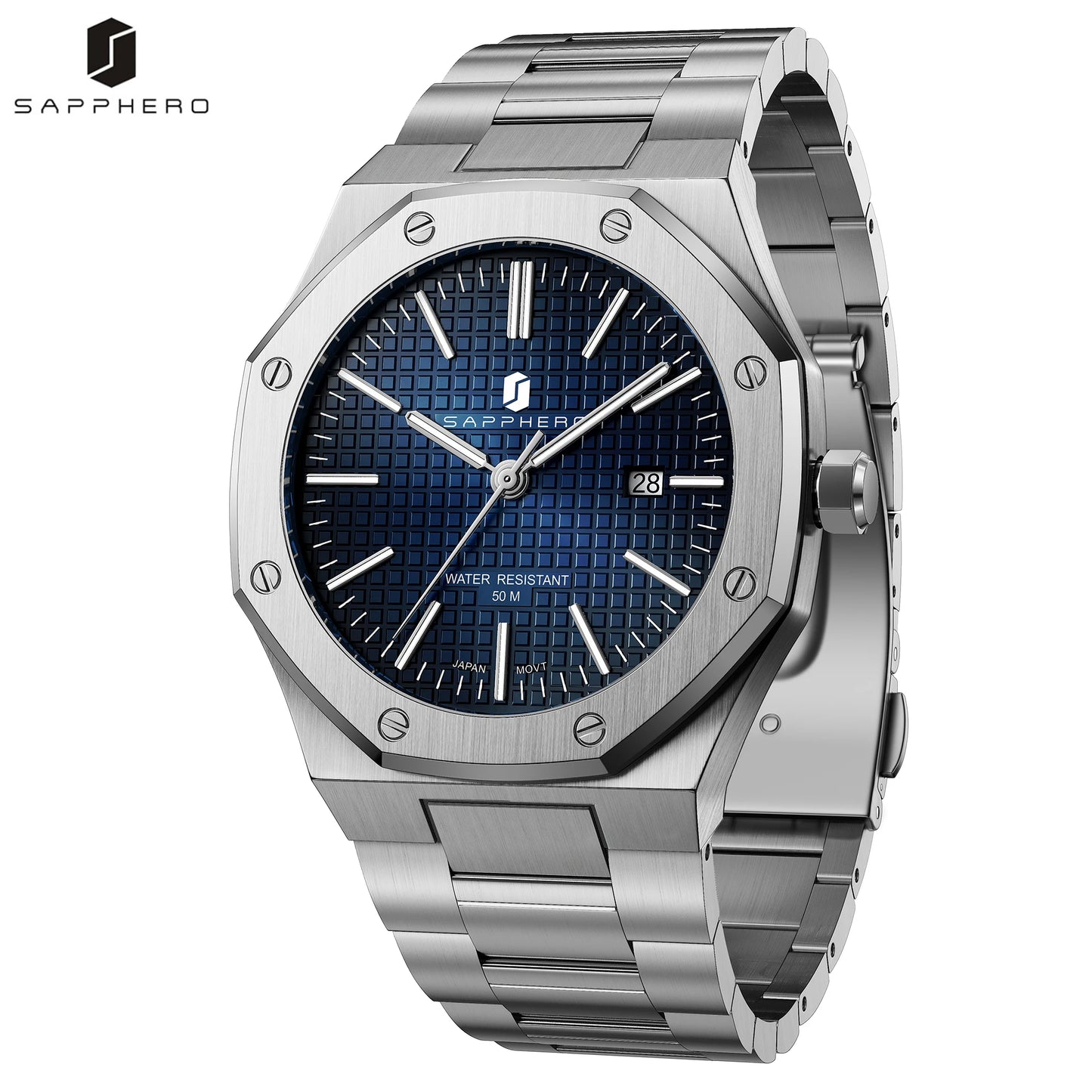SAPPHERO Men Analog Watch Stainless Steel Quartz Movement Date Display 50M Waterproof Classic Business Casual Wristwatch Gift
