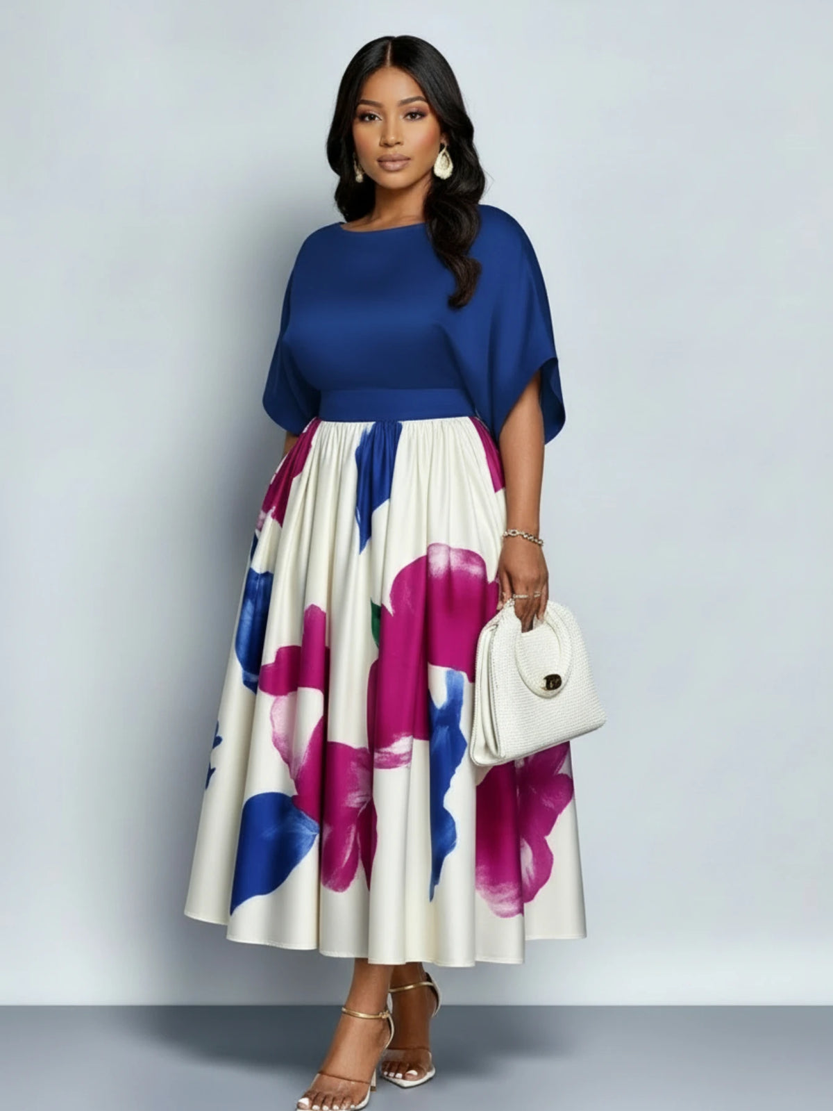 Women Pleated Floral Midi Dress Batwing Sleeve Polyester Elegance
