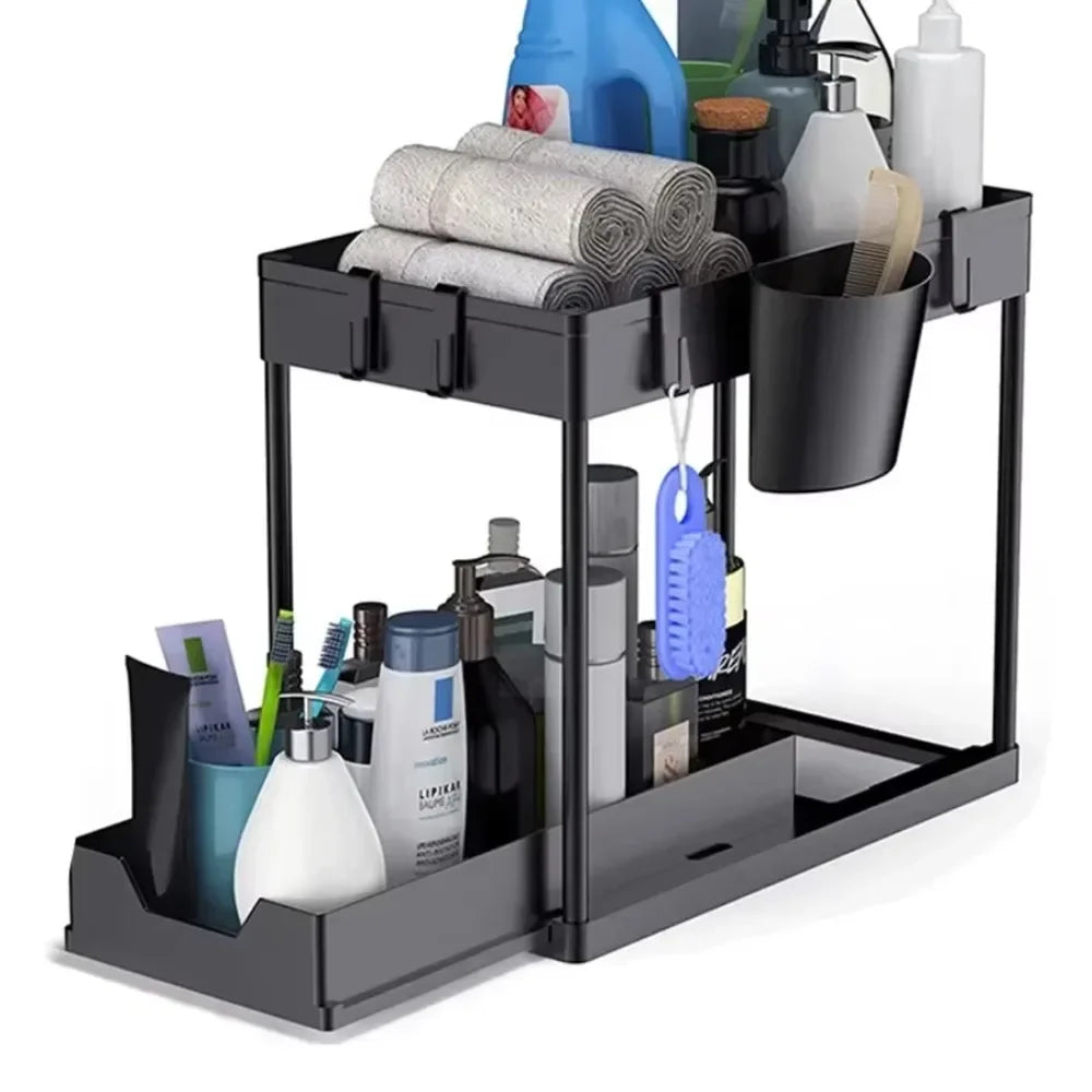 Two Tier Under Sink Sliding Cabinet Organizer Rack With Hooks