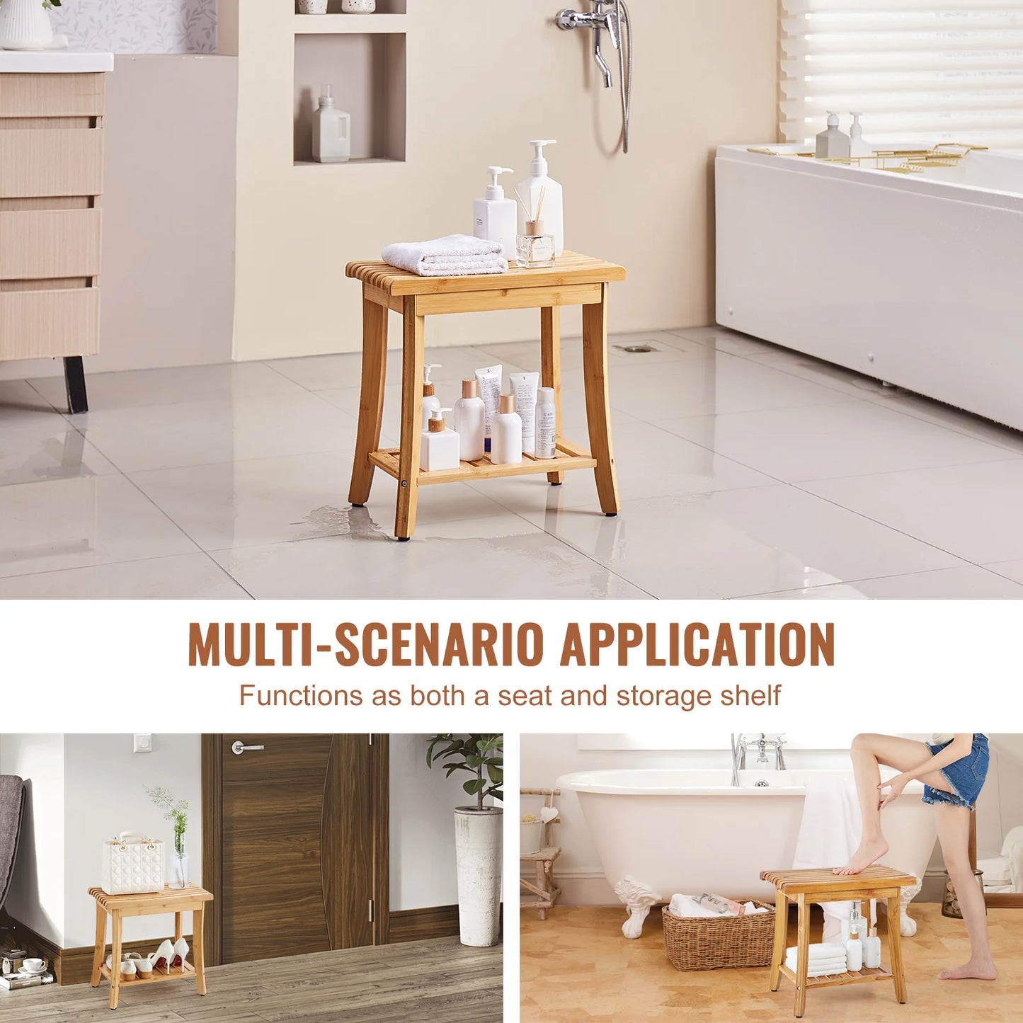 SucceBuy Bamboo Shower Bench With Storage Shelf 330lb Capacity