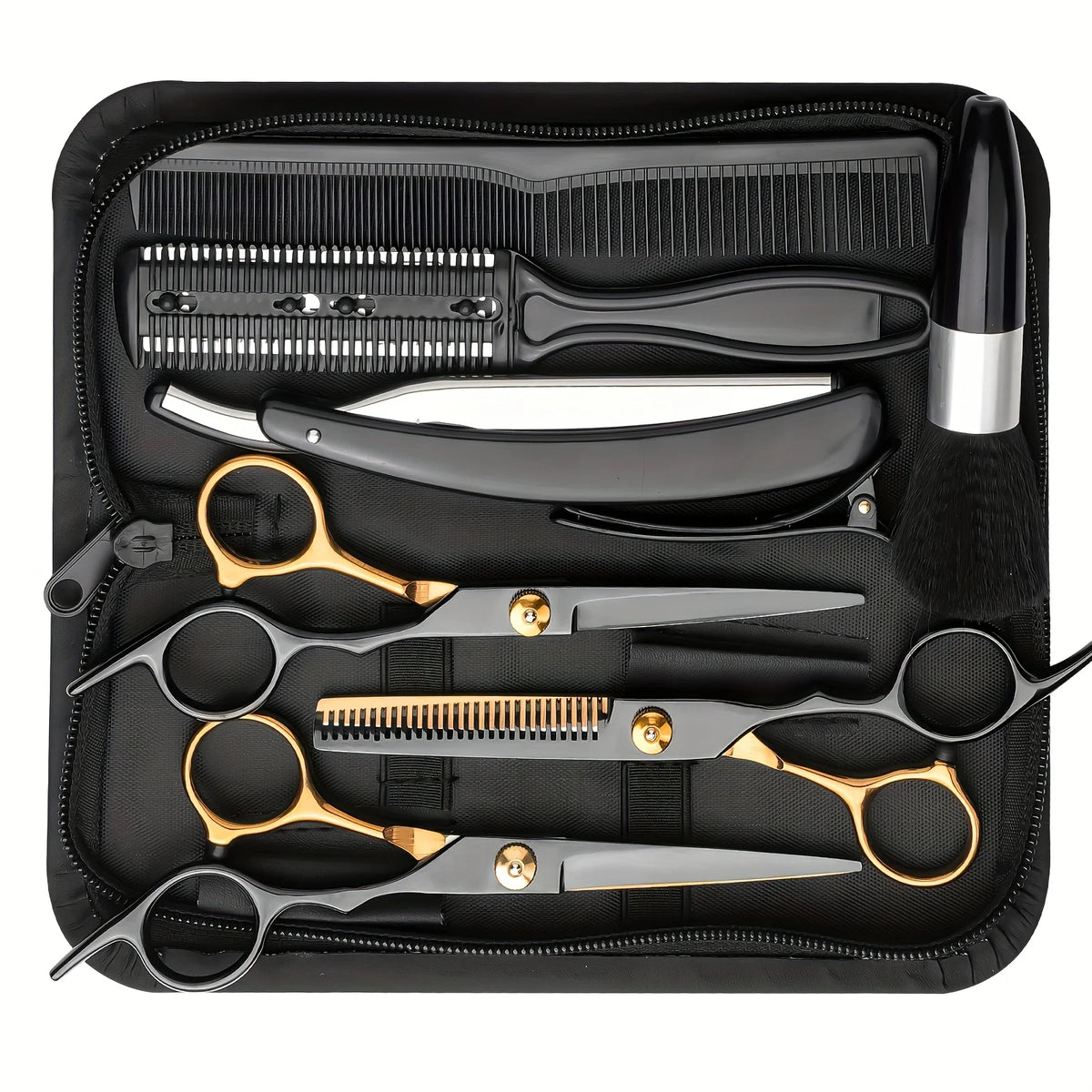 Professional Hair Cutting Scissors Set Black Gold Salon Shears with Thinning Scissors Barber Cape Combs Razor Clips Brush Pouch Kit for Hair Styling and Grooming