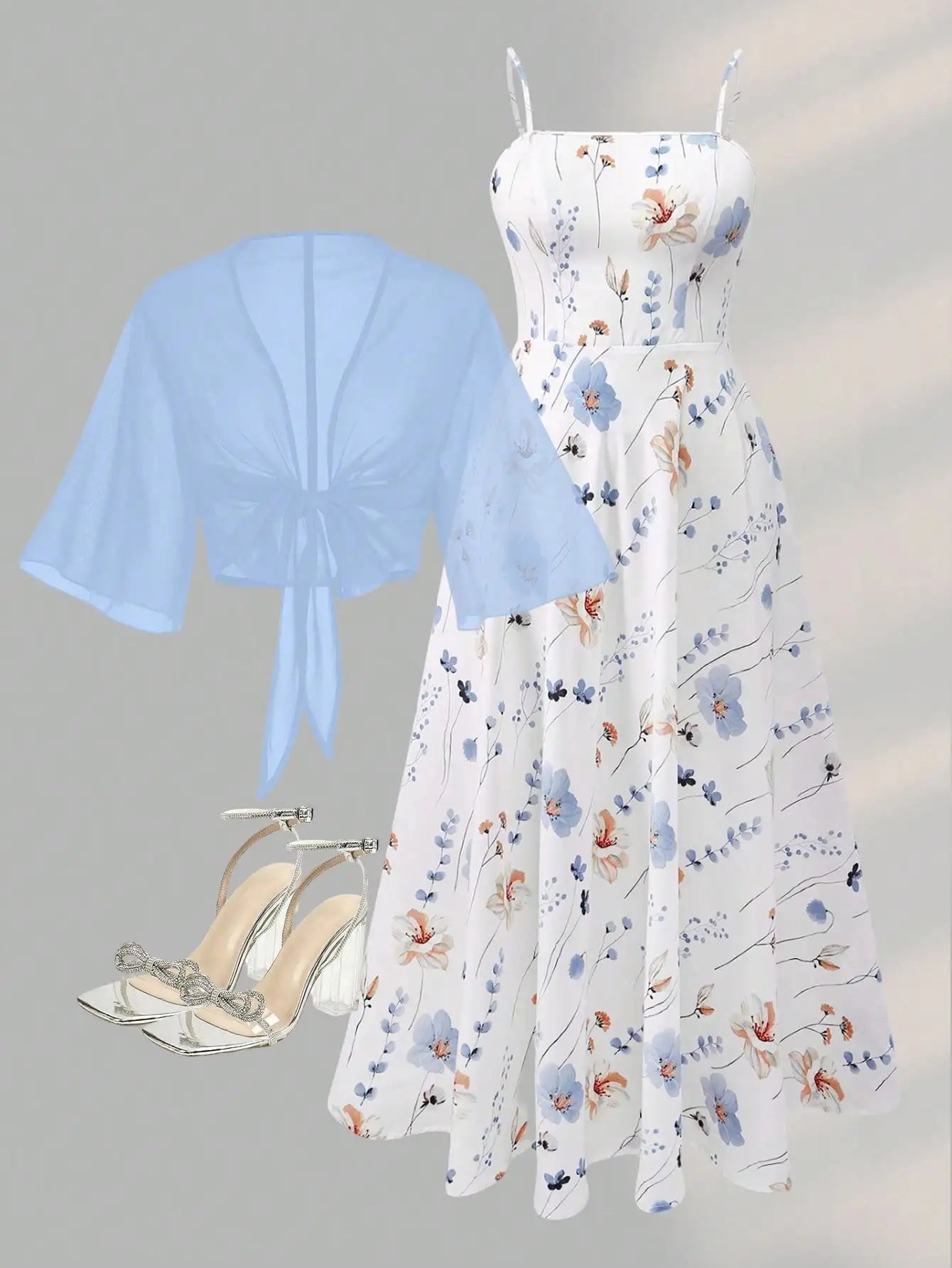 2 Pieces Women's Floral Chiffon Dress Elegant Romantic Date Outfit Spring Summer